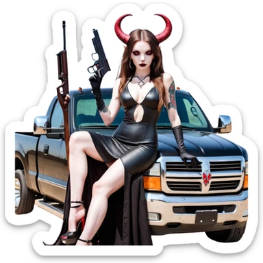 Lilith model red eye sexy black  devil horns.  long brown haired sexy succubus woman with leather long dress slit, sitting on big Large F350 pickup truck. Black Platform high heels on feet. Tattoo sleeve arms, dead human skull of her ex skull is on top of stack of cash and a gun in  hand sticker