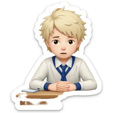 an anxious boyin school uniform sitting in front of a table sticker
