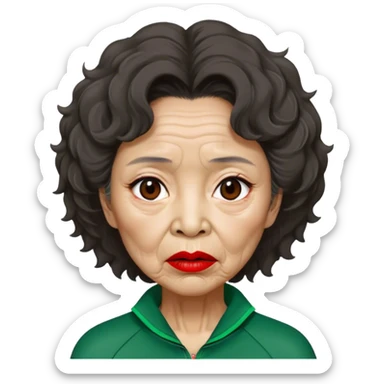 Han Mi-nyeo: Age Late 80s
Appearance: A crazy woman with many wrinkles face, frizzy, very messy dark brown hair and dramatic red lipstick.
Outfit: Green player tracksuit sticker