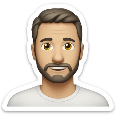 A head and shoulders shot of a 37 year old Caucasian man, with short black hair, with short beard facial hair,   with brown eyes wearing a t-shirt. sticker