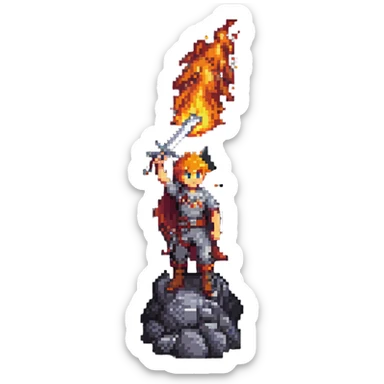 a boy with a flaming sword standing on a volcano, pixel art style sticker