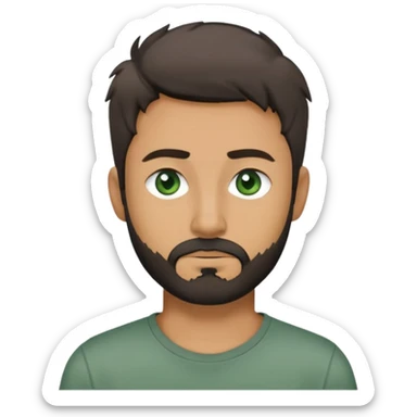 man with dark messy short hair, dark green eyes, gray T-shirt, and short beard sticker