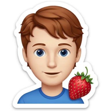Please generate a portrait of a boy. He has wavy, light brown to reddish-brown hair, a right side parting, longer sideburns, blue eyes, a snub nose, and a somewhat pronounced, strawberry-red pout. He is smiling. sticker