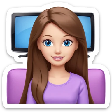 beautiful barbie girl with long brown hair, blue eyes and wearing light purple clothes watching tv sticker