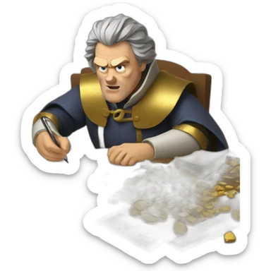 middle ages taxman, angry, writing on a paper, pile of gold sticker