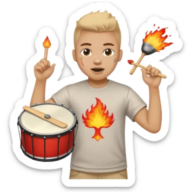 A loud fan, simple tee shirt with paint on his cheeks with a marching drum, beating it with fiery enthusiasm sticker