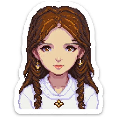 Change the girl's eyes to a rich brown color, keep the pixel art style and the park background. sticker