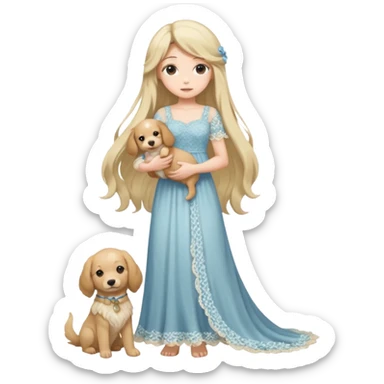Pastel anime lady long hair with long lace dress full body holding puppy sticker