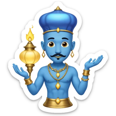 Blue skinned genie with a black goatee and gold bracelets coming out of a lamp from Aladdin  sticker