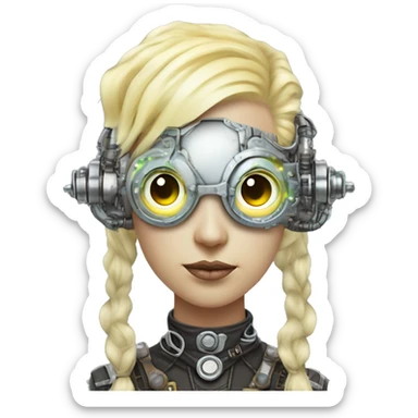 Pastel light yellow hair female cyborg head with silver steampunk goggles, goatee and circuits sticker