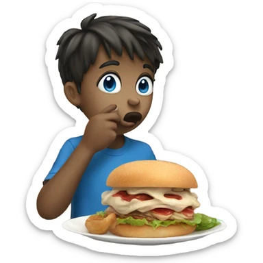 boy licking food with blue eyes. His hand is signing to stop  sticker