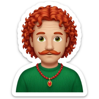 good-looking man with curly red mullet, mustache, green sweater, red necklace sticker