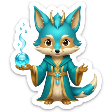 Chibi teal fox with gold mark on forehead, teal-gold robe, holding glowing blue water orbs, with a dragon tail on its backside with small antler horns on its head sticker