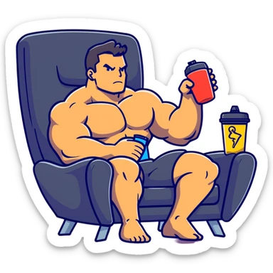 bodybuilder sitting in armchair with protein drink, relaxed muscles, next to a timer showing 48h, cartoonish sticker style sticker