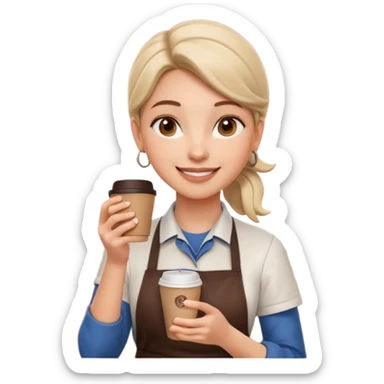 female barista portrait, head and shoulders only, wearing coffee shop apron collar, holding a takeaway cup near face, warm friendly smile, cozy cafe vibe, 3D cartoon, mobile game icon style, clean background, no text, no watermark
 sticker