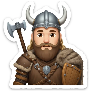 A tall Viking with braided beard, fur cloak, and heavy axe resting on his shoulder with horned helmet sticker