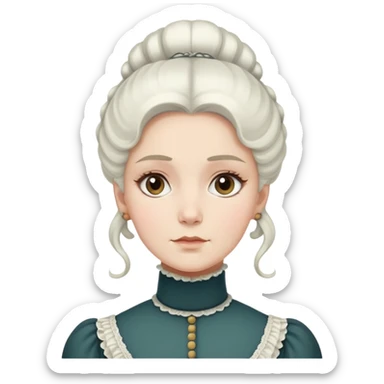 Victorian woman with white coiffed hair, modest turtleneck Victorian dress, and an awestruck expression sticker