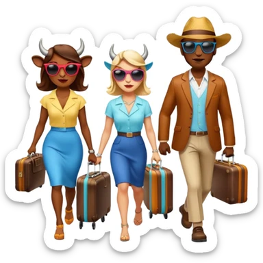 generate an emoji of a group of up to 8 male and female bulls travelling together on holidays. One bull has a suitcase, one has sunglasses, one is carrying a cocktail. They're all in motion, walking together. Make the characters look like bulls. They wear summer clothes. Suitcases are colourful sticker