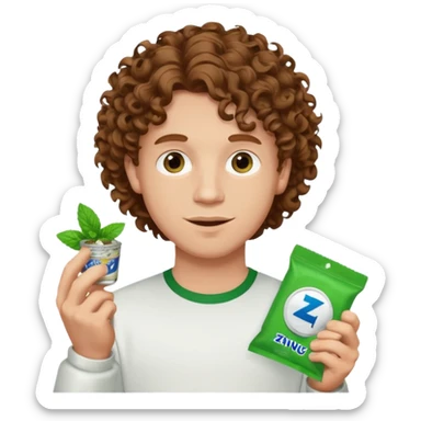 White Man with pretty Curley brown hairholding Zyn spearmint snus sticker