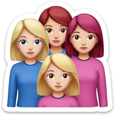 Three girls, one dark red hair with hazel eyes, one blonde with blue eyed and one with black hair and brown eyes, all wear pink sticker