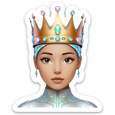 A stylish modern person wearing a futuristic digital crown made of glowing circuits and holographic elements. The crown has a clear, elegant space in the center front for placing a logo. The person is dressed in sleek, high-tech fashion with minimalistic details.  sticker