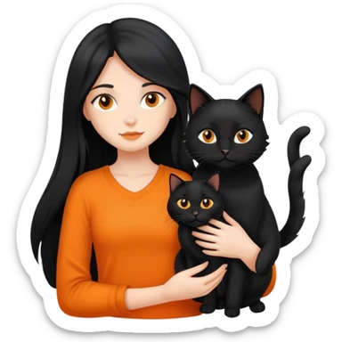 A black long haired girl holding a black cat and an orange long haired cat sticker