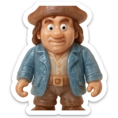 hyper-detailed retro 90's toy style pirate, very transparent, natural skin tone, brown hair, blue coat, soft plastic, derpy eyes, soft reflections, soft and squishy, some cloudiness, not shiny, highly detailed, appealing, no tag, no background sticker
