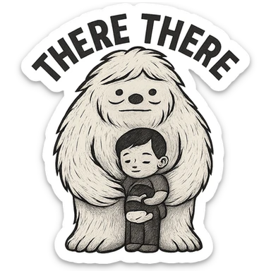 Make the child even smaller and have the Abominable Snowman facing forward, keep the background transparent and preserve the 'there there' text through the head. The style is a transparent background illustration with visible text 'there there' through the head. sticker