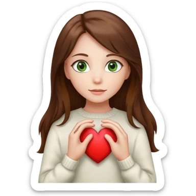 Girl green eyes brown long hair white warm sweater showing heart with her hands sticker