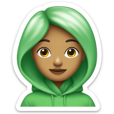 chica de pelo castañ y ojos verdes, con una sudadera sticker