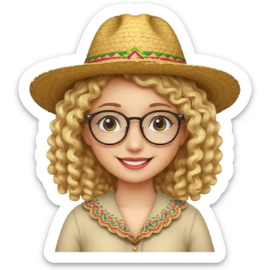 blonde girl with curly hair and glasses with a Mexican hat sticker