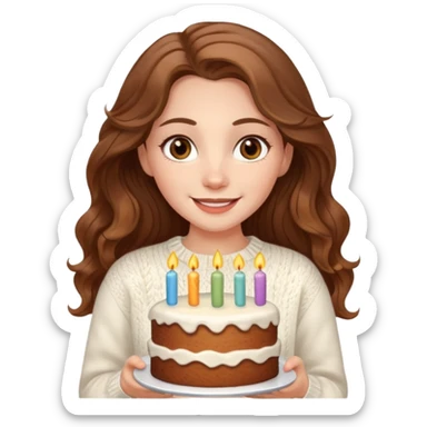 A pretty white girl with hazel brown eyes and long brown wavy hair in a cosy white knit sweater, she is celebrating her birthday and is happy sticker
