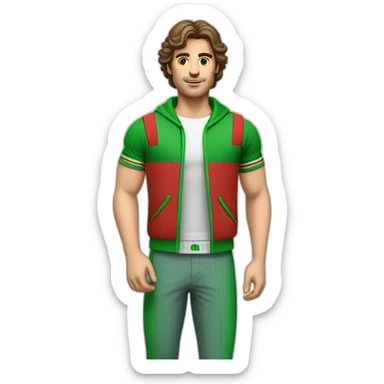 retro 70s red and green gym clothes for a modern white brunette uni male student sticker