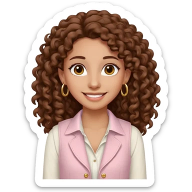 mujer un poco morena (no demasiado), pelo rizado largo, sonriendo, con ojos grandes y marrones con camisa rosa palo y un chaleco blanco y aretes dorados en forma de circulo en sus orejas  sticker