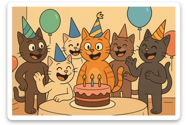 six guy cats at a birthday party, wearing party hats, balloons and cake, cheerful, vibrant, cartoon style sticker