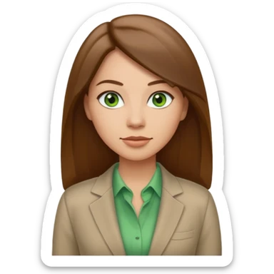 Adult woman avatar, light skin tone, oval face, straight long brown hair, green eyes, neutral mouth, business casual  sticker