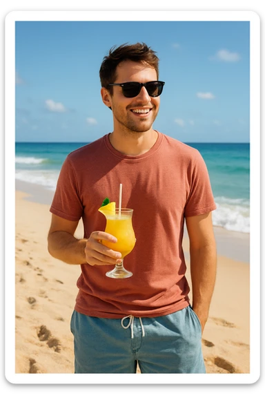 take this picture of a man and make it  beach photo with drink sticker