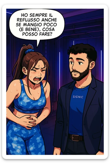 TRASFORMA QUESTO CAROSELLO IN UN FUMETTO STILE WEBTOON/MANGA A COLORI CON QUESTE DUE PERSONE IDENTICHE CHE INTERLOQUISCONO TRA LORO, LA DONNA è DISPERATA CON LE MANI sulla pania perché soffre di reflusso E STA DOMANDANDO TUTTA AGITATA UNA COSA ALL'UOMO:

LEI (DONNA): Ho sempre il reflusso anche se mangio poco (e bene), cosa posso fare?
 sticker