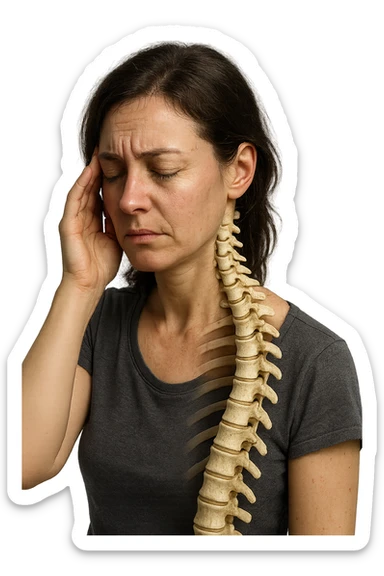 donna stanca che si tiene una mano sulla tempia con spina dorsale anatomica visibile, iperrealistico 4k sticker