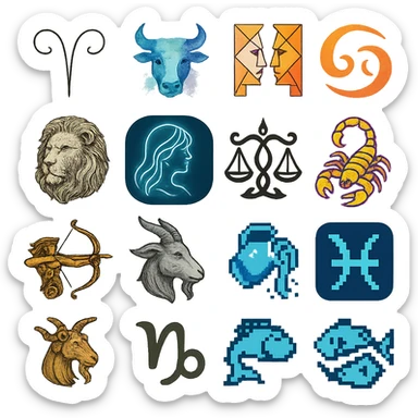 zodiac sign icons, each one unique style, variety of artistic styles sticker