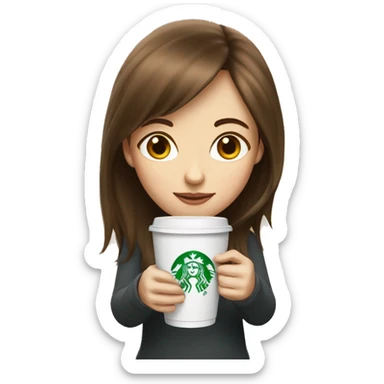 Girl with brown hair, bangs and white skin holding stabucks cup sticker