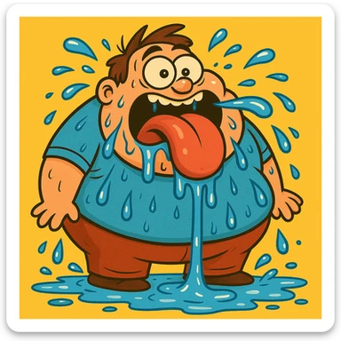 Make the fat man drool all over the ground in a cartoon style, keeping the same look as the original image. sticker