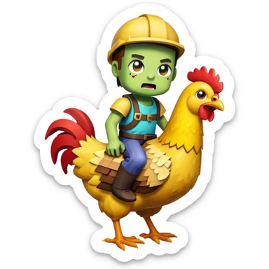 Create a cute and detailed emoji-style image of a Minecraft chicken jockey. A baby zombie riding on a chicken, both with simplified, expressive faces and bright colors. Keep the pixel art or cartoon style compact and readable at small sizes, like an emoji. sticker