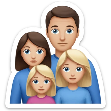 Family portrait with father with dark brown hair and blue eyes, mother with light brown hair and blue eyes, three blonde little girls with blue eyes sticker