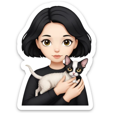 a  girl with black long hair with a white devon rex with black shirt sticker