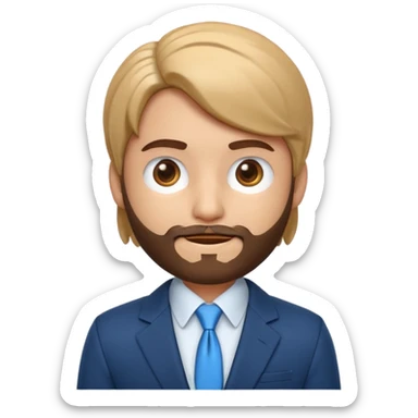 Emoji 3D estilo Apple de um jovem com pele clara, cabelo castanho claro, olhos castanho escuro, barba rala, sorrindo, de blazer elegante e brinco prateado. sticker