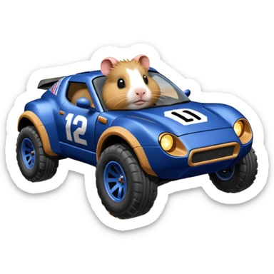 After-race dirt covered Midnight blue Local Motors Rally Fighter off road race car being driven by a five foot tall Guinea pig  sticker