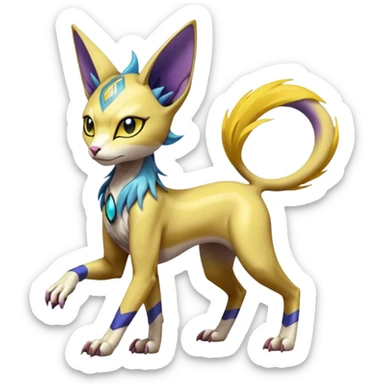 Shiny smooth glossy Meloetta-Sphynx-Lykoi-Sergal-Renamon-Wargreymon-Pokémon-Digimon-Fakémon-fusion-hybrid-creature sticker