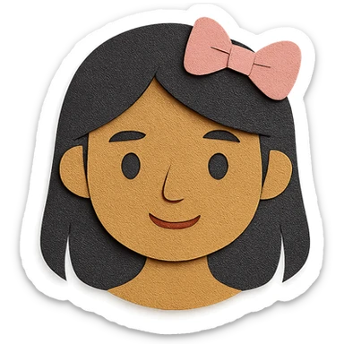 aesthetic portrait of a Sri Lankan girl with dark-ish but light skin, black hair, dark brown eyes, button nose, cute pink bow sticker