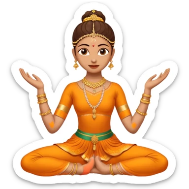 give me some bharatanatyam dancer emojis with some light brown skin and have 1 hand above head and 1 hand below hip and make the hands hold a bharatanatyam mudra sticker